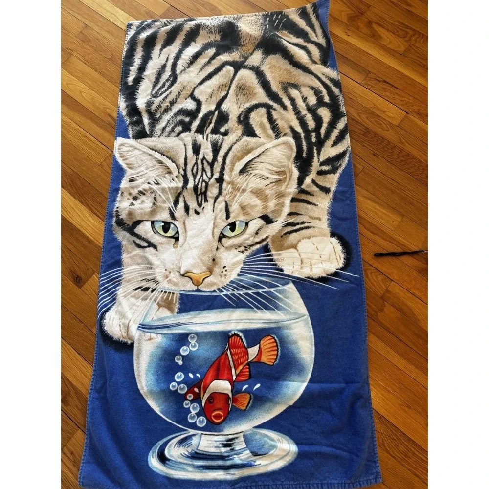Vintage‎ Hilasal Realistic Cat Fishbowl Beach Towel Bengal Clownfish Blue 27x52